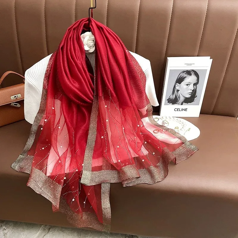 

Fashion Shimmer Pearls Striped Hijab Scarf Classic Shawl Design Long Muslim Women Smooth Soft Underscarf Hijabs