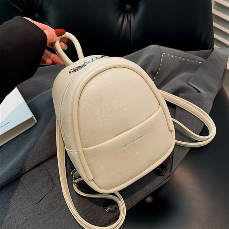 Vintage Small Backpack Fashion Double Strap Shoulder Bag for Women Solid Color Letter Printed Rucksack PU Leather Mini Backpack