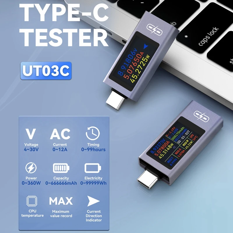 DT16 UT03C Multi-Function Digital DC Voltage Ammeter 4V-30V 12A USB Type-C Tester Power Meter Capacity Tester PD