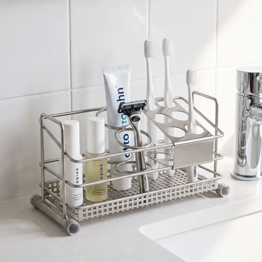 Stainless Steel Toothbrush Holder Space Saving Perforated Bottom Tray Bathroom Storage Rack Rust Resistant Raised Rails