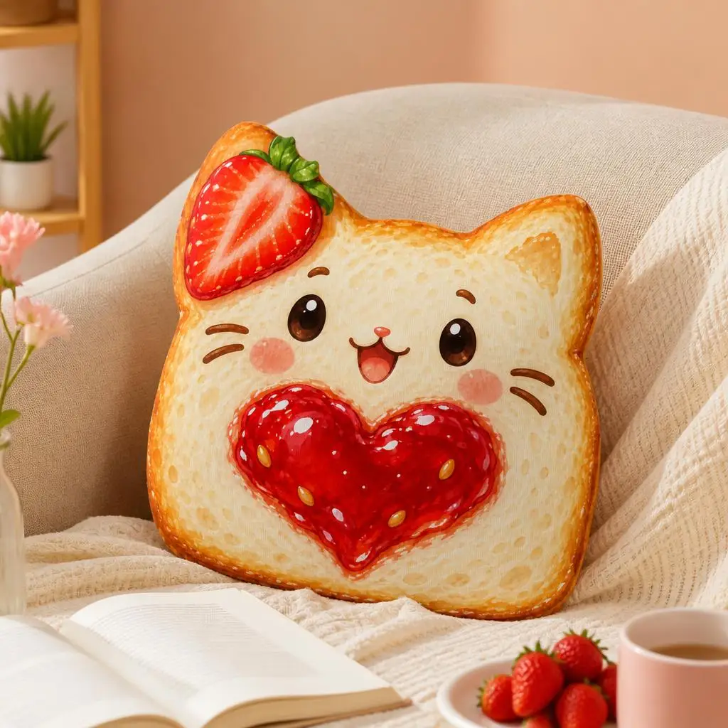 Cute Strawberry Jam Cat Toast Shaped Throw Pillow Stuffed Floor Cushion Cat Lover Gift Sweet Food Bedroom Sofa Home Decor