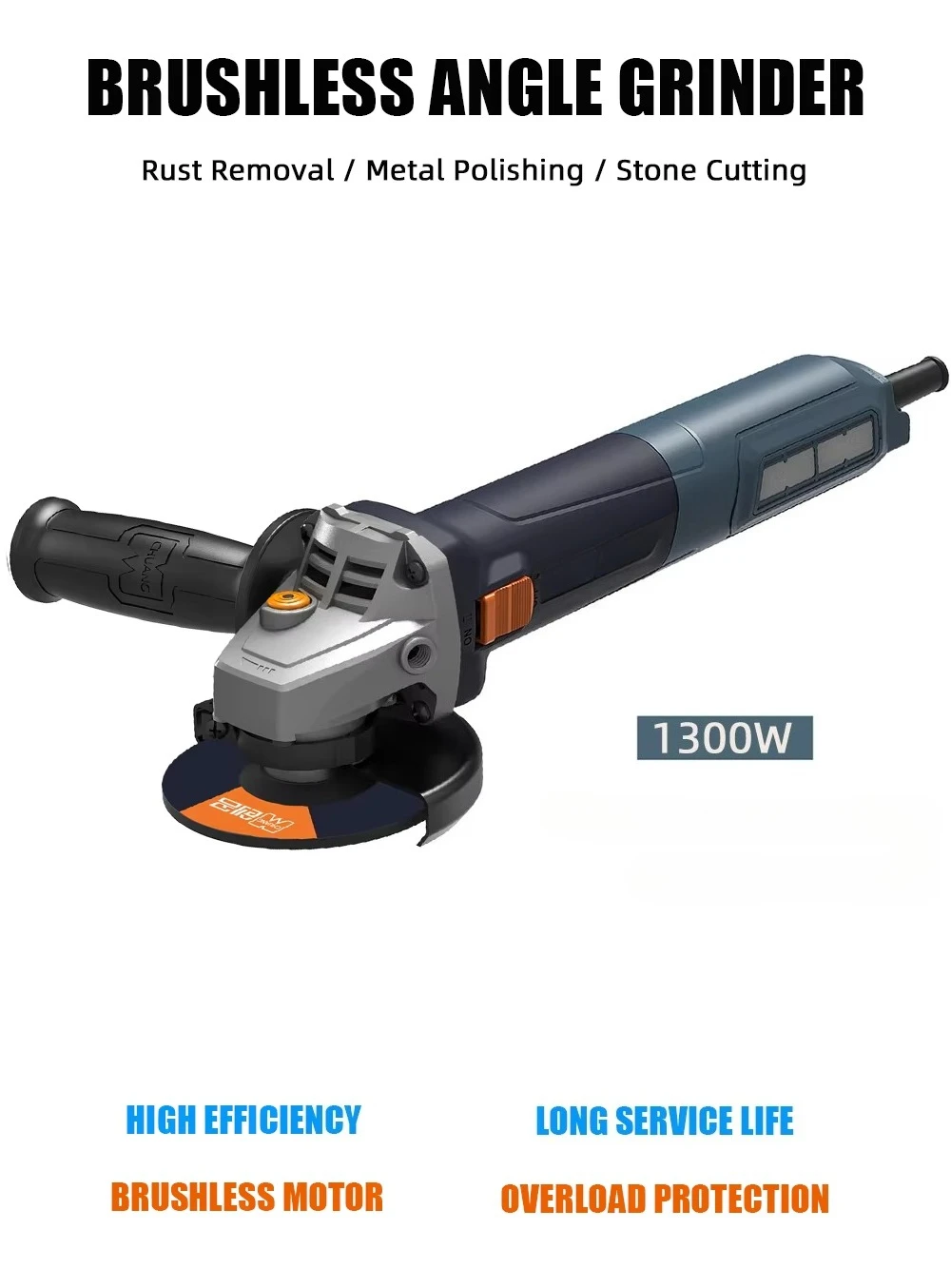 5 Inch 125mm 1300W 6-Speed AC Brushless Variable Speed Angle Grinder with 2,800-10,000 Rpm Speed Control