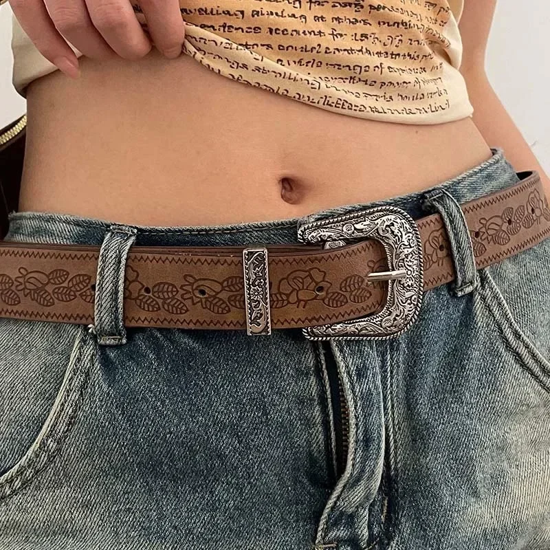 Vintage PU Belt Women Y2K Leather Brown Punk Melt Belted Adjustable Leather Pants Waist Sexy Waistband  Belt Jeans Decoration