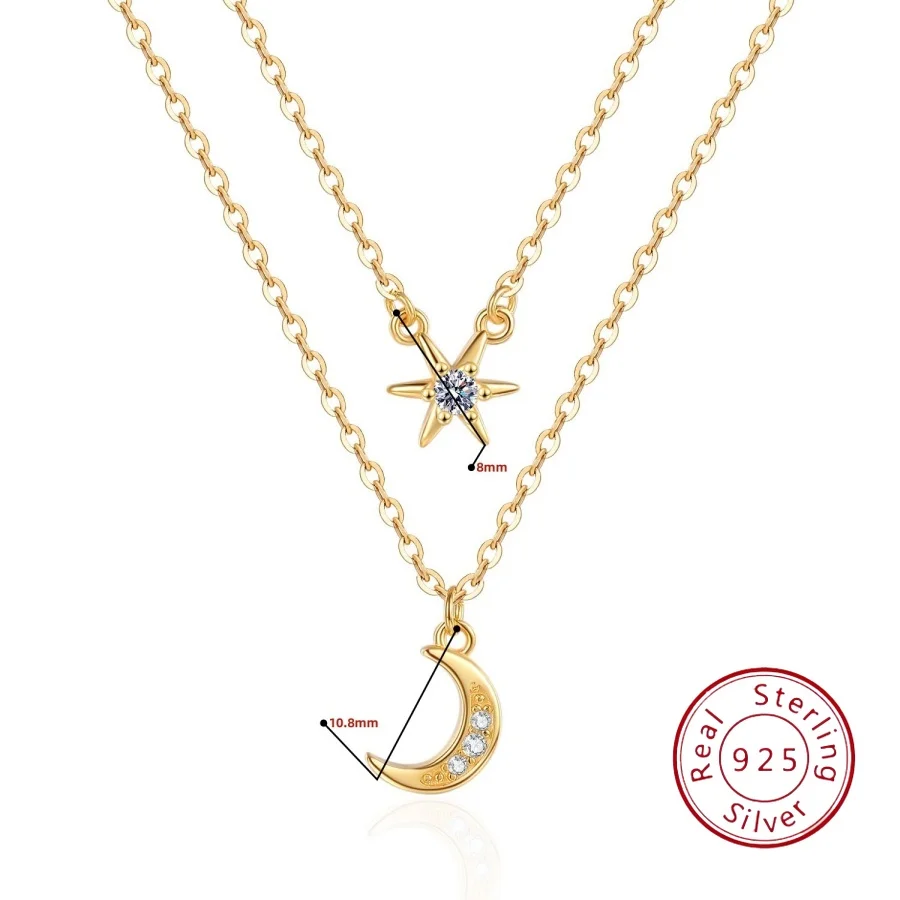 

Original S925 Sterling Silver European-Style Sparkling Diamond Starburst Moon Double-Layer Necklace Niche Design Silver Jewelry