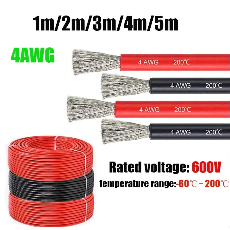 

4 AWG Battery Wire 1m 2m 3m 4m 5m Red Black Heat Resistant Silicone Cable for Solar Panel Auto Car Inverter Marine Work Engines