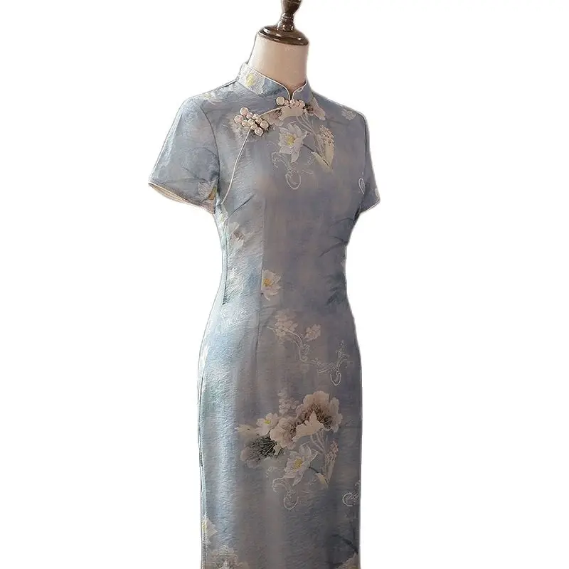 

2022 Blue Gentleness Cheongsam Floral Short Sleeve Women Vintage Dress Slim Elegant Chinese Traditional Qipao Vestidos Chinos