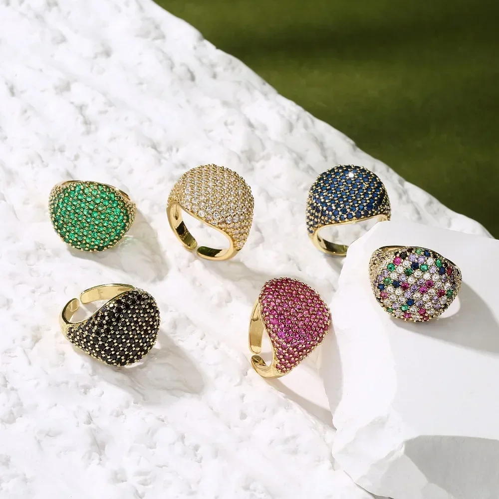 New Personality Full Zircon Shiny Stainless Steel Wide Opening Rings for Women Charm Gold Color Crystal Finger Jewelry Colorfast