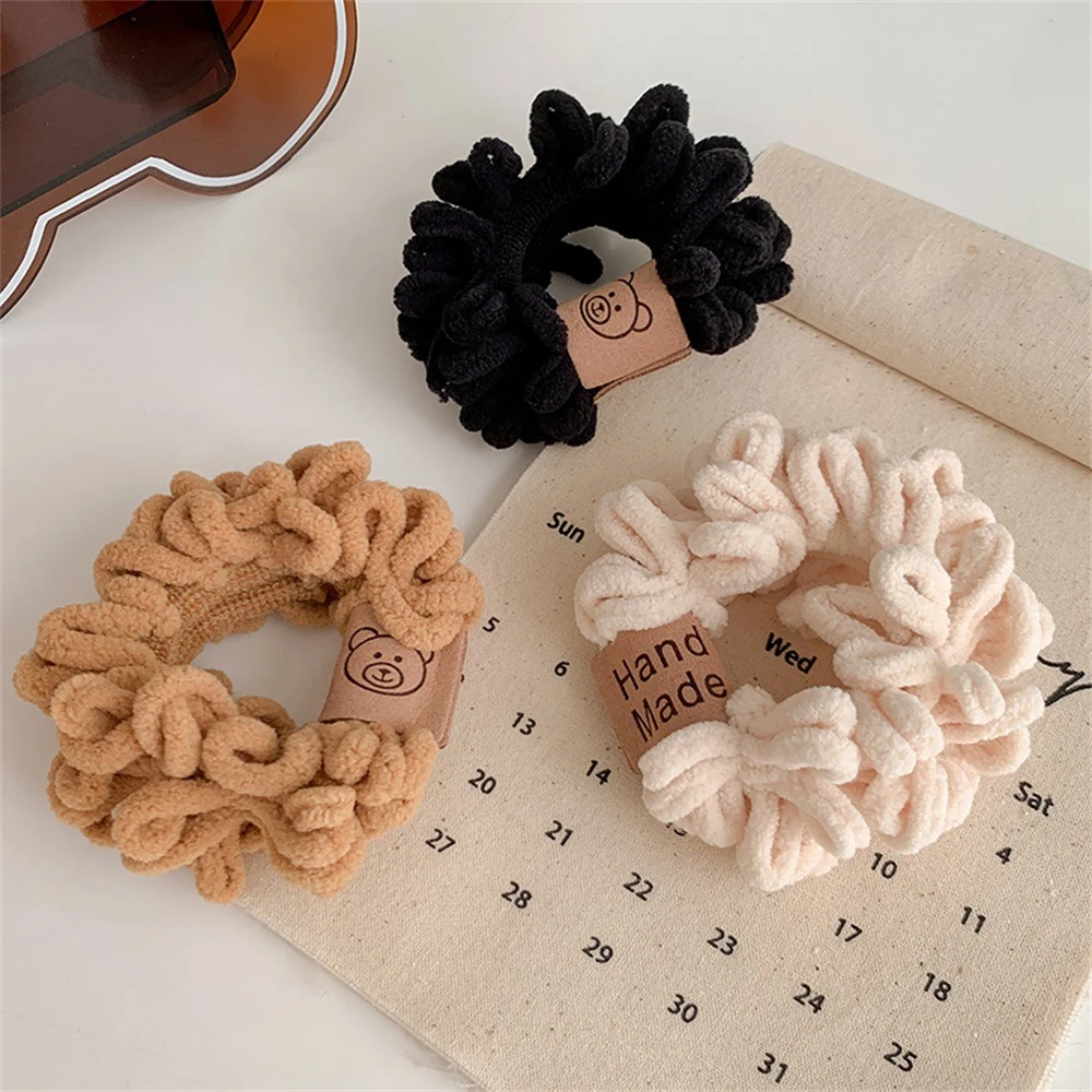 Autumn Winter Solid Color Plush Scrunchies Cartoon Smiling Face Bear Hairband for Women Girls High Elastic Ponytail Hair Rope