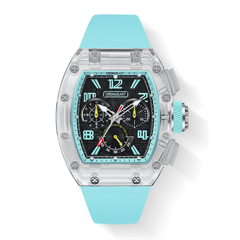 CRONUSART Men Chronograph Watch Tonneau 50mm Automatic Mechanical Wristwatch Sapphire Case Luminous Skeleton Dial