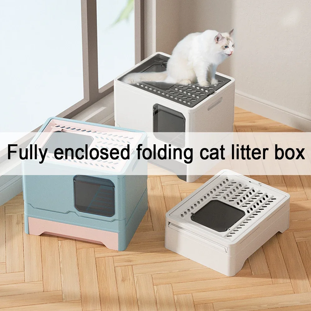 

Front Entry Top Exit Cat Litter Box with Lid Foldable Large Kitty Litter Boxes Drawer type Cats Toilet Including Plastic Scoop