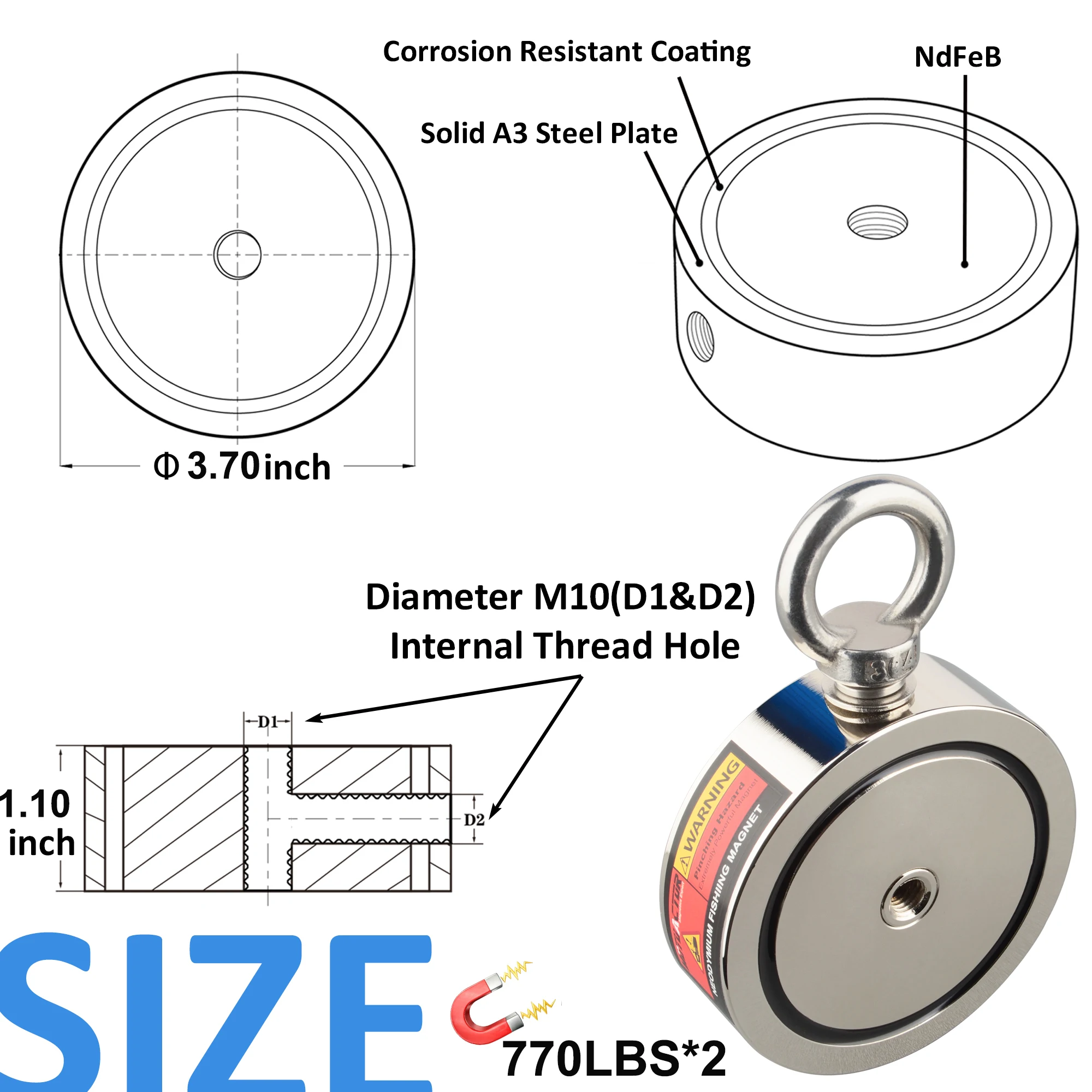 Double Side Super Fishing Magnets Combined 700KG N52 Neodymium Magnet with 20M Rope for Treasure Hunting Under Water