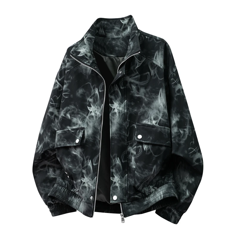 

Spring and Autumn Niche Tie Dye Plus Size Stand Up Collar Jacket for Men, Loose High Street Hip-hop Flowing Color Denim Jacket