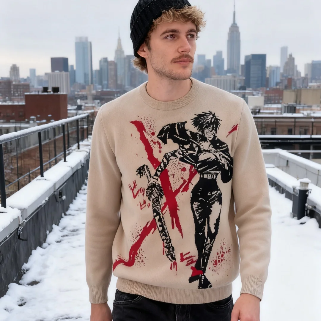 

Унисекс пуловер с круглым вырезом High Street, вязаный свитер в стиле аниме, теплый мультяшный дизайн на осень-зиму, модный для Японии, Европы, Америки