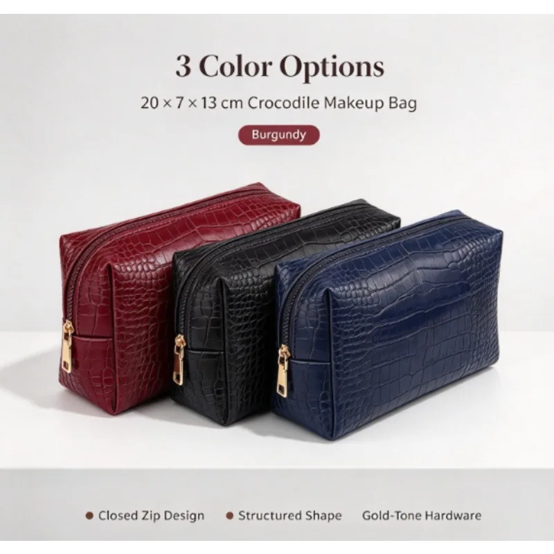 Crocodile Pattern Makeup Bag Women Pu Leather Cosmetic Pouch Large Capacity Travel Toiletry Organizer Clutch For Business Trip