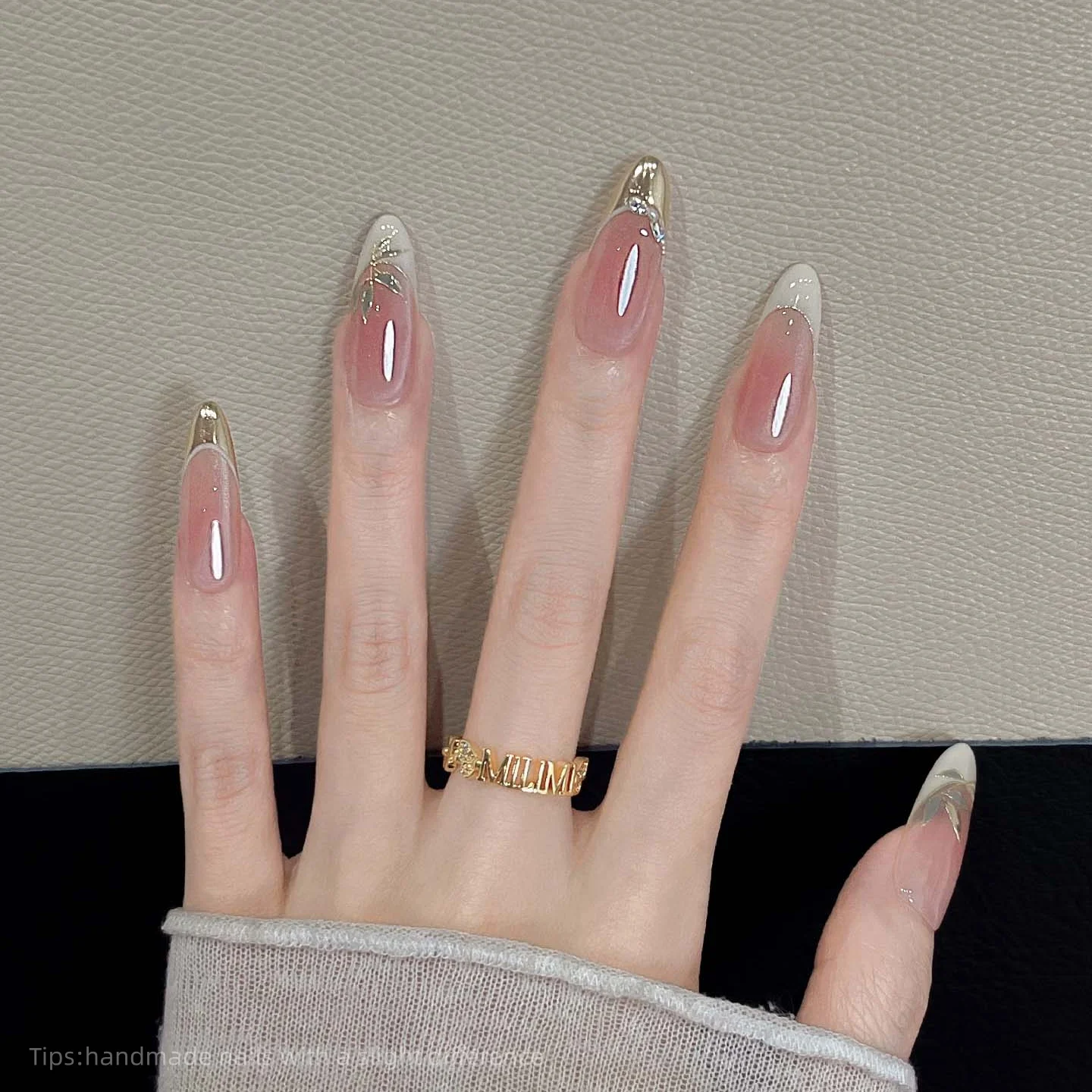 10pcs Handmade Pink Gold Bamboo Press On Nails Long Oval Elegant Fake Nails French Tip Decor False Nail