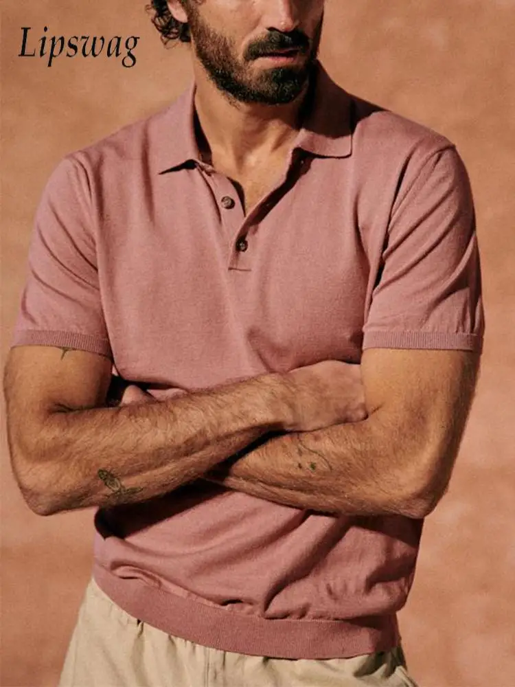 

Classic Slim Solid Color Knit Polo Shirts Men Summer Casual Button-up Turn-down Collar Jumper Tops Men's Fashion Knitting Polos
