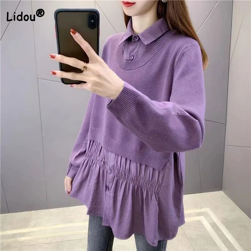 Casual Korean Fake Two Pieces Solid Color Sweaters Autumn Winter Women\'s Clothing Loose Fashion Polo-Neck Knitted Patchwork Tops