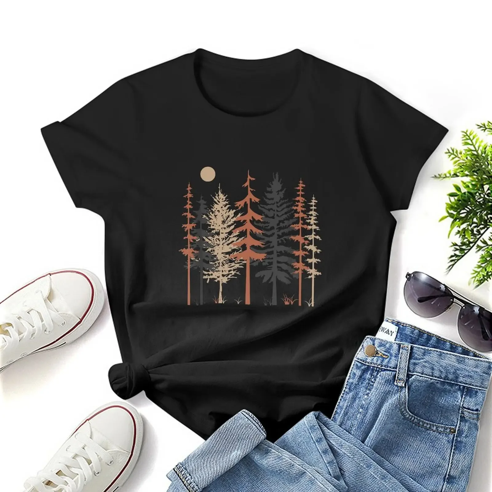 Womens Camping print Tree Scene Forest Hiking Trendy Women Graphic Shirt Casual Short Sleeved Female clothing