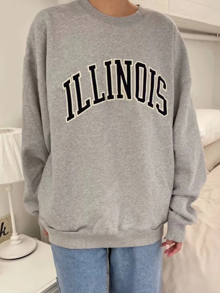 Casual Women Cotton Grey Sweaters 2023 Fall Vintage O Neck Letter Embroidery Sweaters Female Chic Pullovers