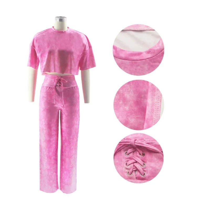 Streetwear Casual Tracksuit Women Two Piece Set Summer Short Sleeve T-shirt Top and Lace-up High Waist Straight Pants Sport Suit