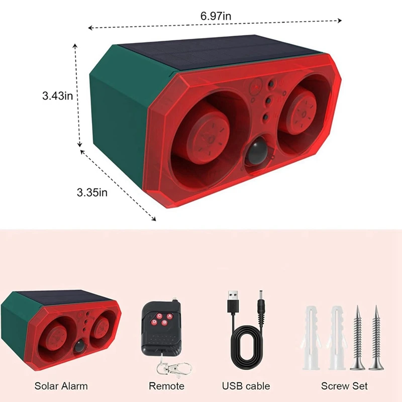 【ساخن】2X إنذار مستشعر الحركة الخارجي بالطاقة الشمسية مع 13 صوتًا، 130 ديسيبل مكبر صوت مزدوج كاشف حركة ضوء إنذار مع جهاز تحكم عن بعد