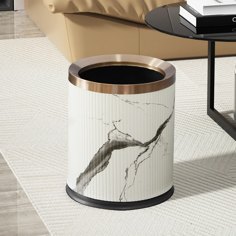 Small metal office trash can Kitchen trash can bathroom trash can Leather trash can with an ink pattern on it