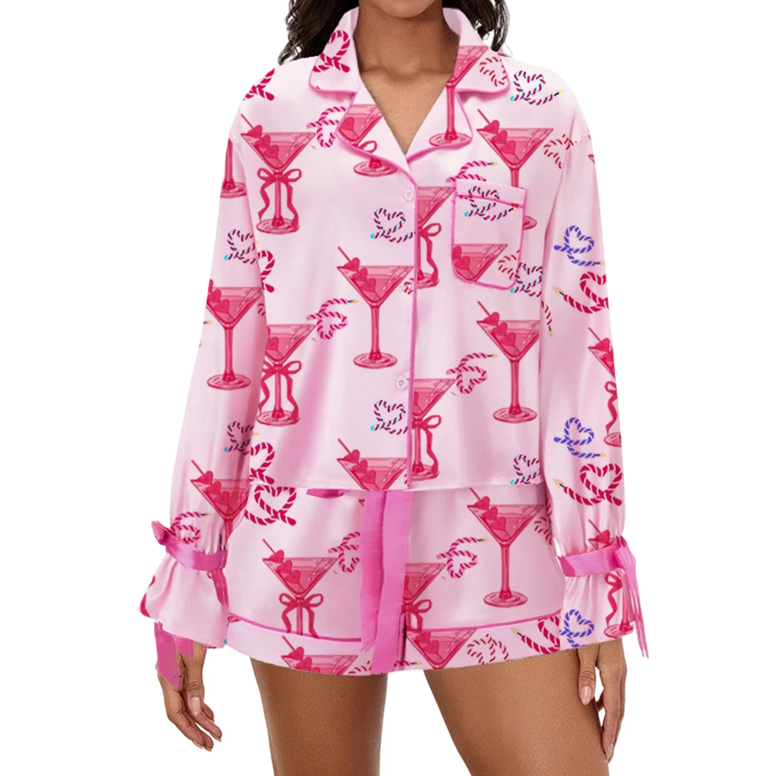 

Женский осенний пижамный комплект с бантом и принтом на пуговицах, топы с длинными рукавами и лацканами и широкие шорты для отдыха, комплект из 2 предметов