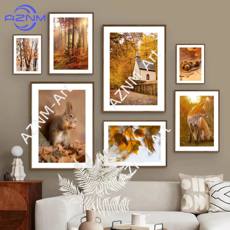 1 Stück Herbst-Wald-Eichhörnchen-Fuchs-Kürbis-Kiefernhaus-Poster, Leinwanddruck, nordische Wandkunstbilder für Zimmer- und Heimdekoration