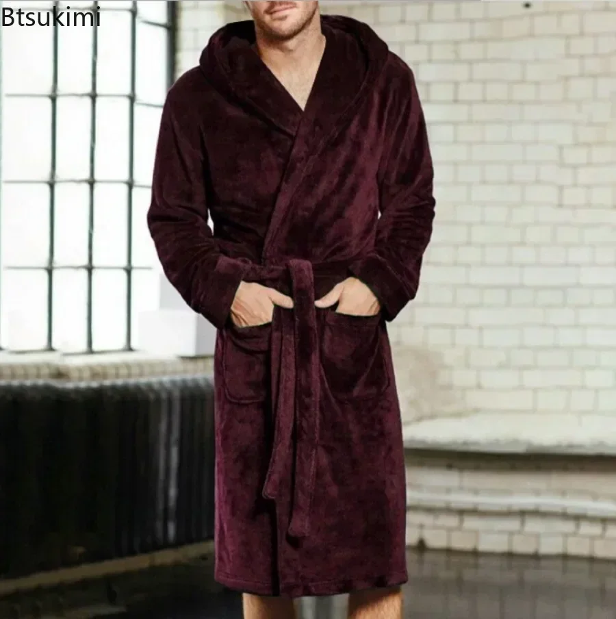 2024 Men\'s Warm Flannel Bathrobe Winter Casual Robes Sleepwear Long Sleeve Plush Shawl Male Bath Robe Lounge Nightgown Homewear