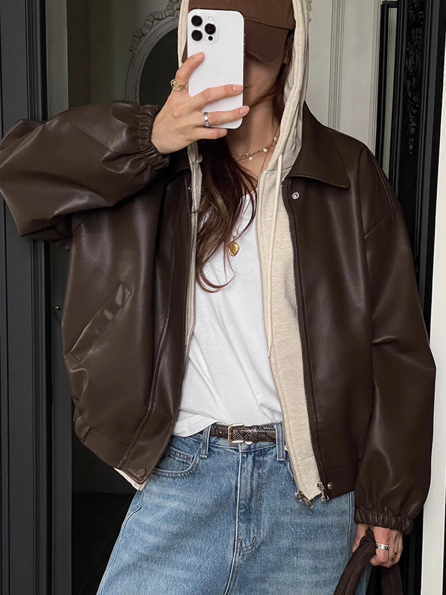 프리미엄 PU 가죽 바이커 재킷 짧은 지퍼 여성 코트 캐주얼 루즈핏 긴 소매 플립 칼라 겨울 신상 레트로