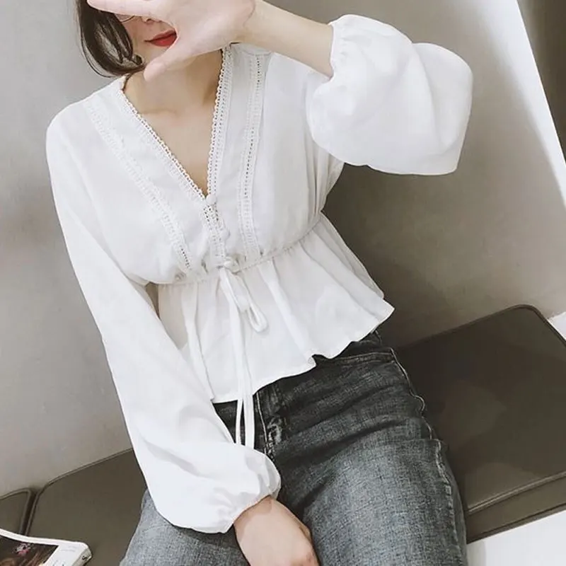 Spring Autumn Stylish Hollow Out Blouse Solid Color Casual Long Sleeve Waist Commute Drawstring Bow Elegant V-Neck Spliced Shirt