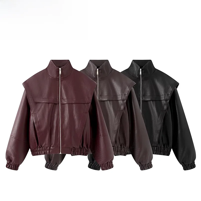 Fashionable Stand Collar Zipper Fake Two-Piece Lychee Skin Texture Jacket ZR Summer New Arrival Women's Standard Fit Short Coat