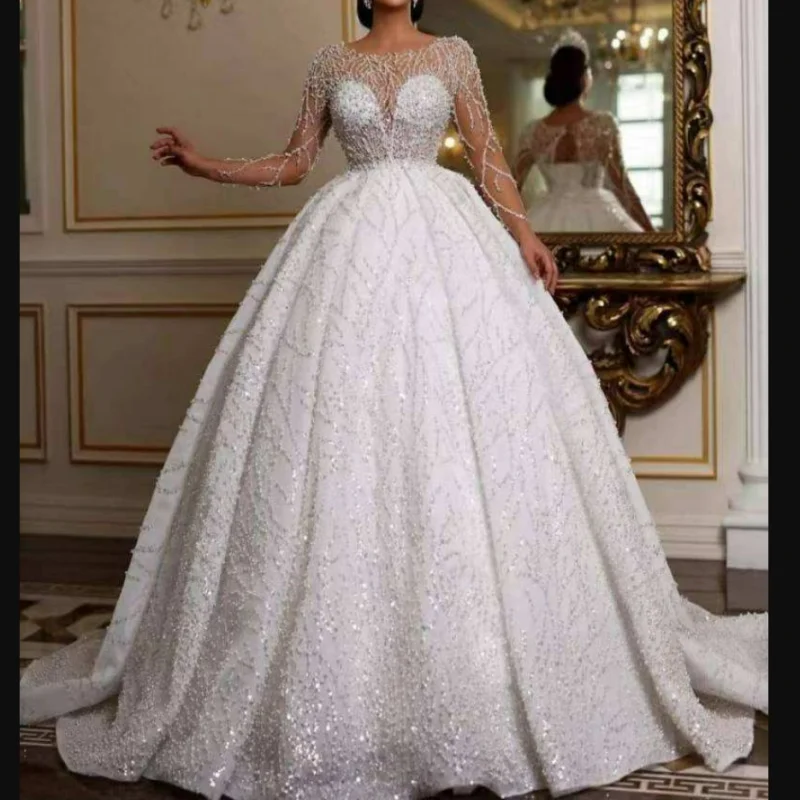 

Скромное свадебное платье с прозрачным вырезом и блестками по индивидуальному заказу, элегантное бальное платье с длинными рукавами, свадебное платье