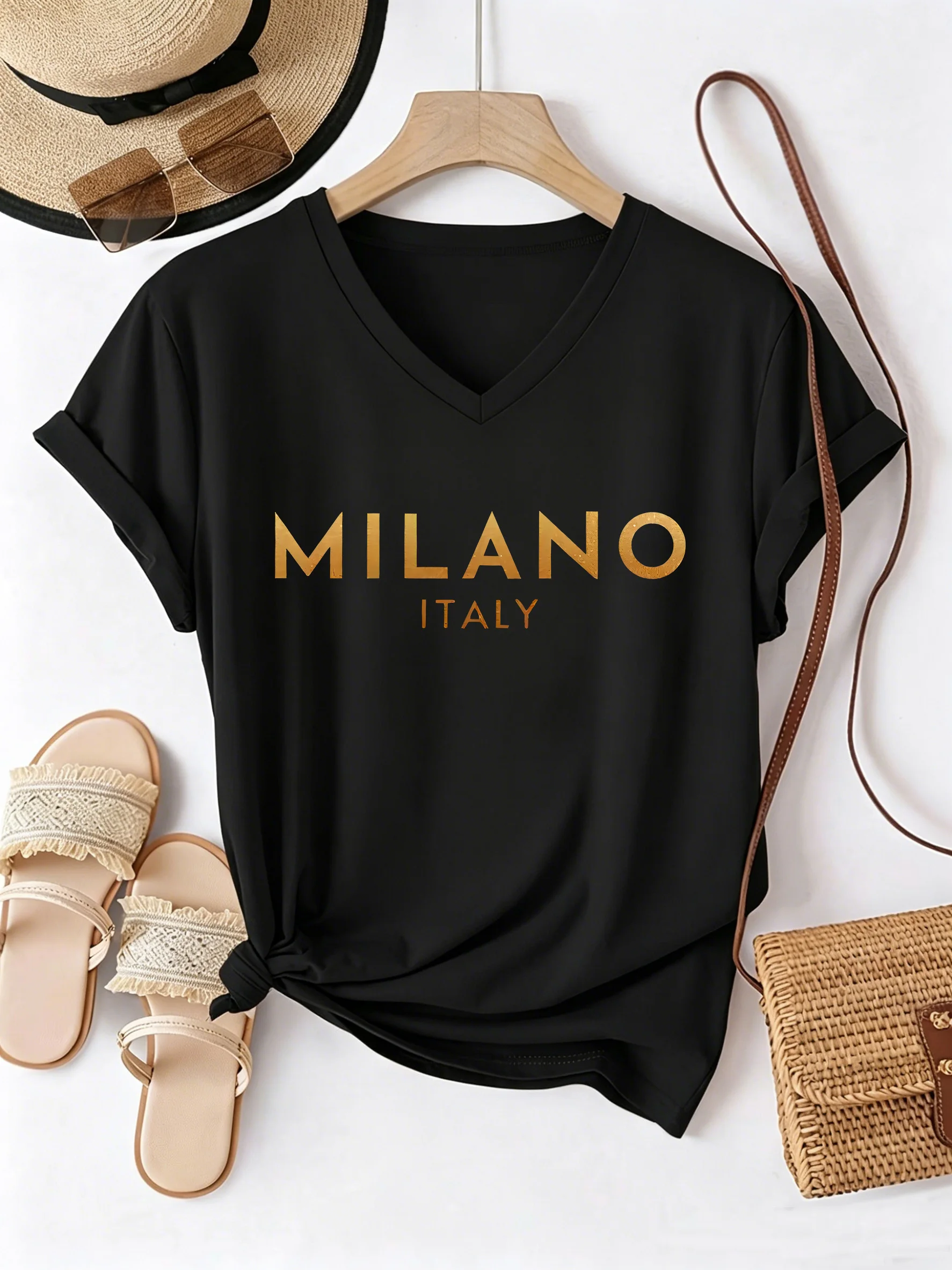 Casual T-shirt V Neck Fashion Milano Italia Letter Printed T Shirts Women Short Sleeve Tee Shirt V-Neck Summer Spring Tops