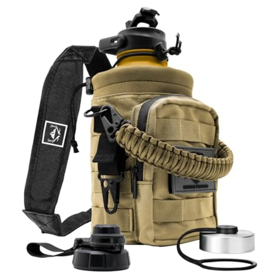 

64 oz Tactical Water Bottle Set, Stainless Steel Half Gallon Insulated Water Bottle with Tactical MOLLE Bottle Carrier Sleeve,