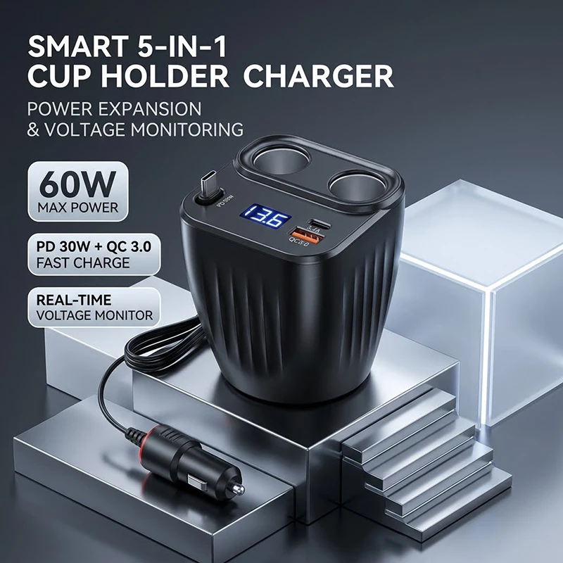 5-in-1 Car Charger Adapter, 60W Fast Charging, Retractable 68cm Cable, Dual USB PD 30W QC 3.0, With Real-time Voltage Monitoring