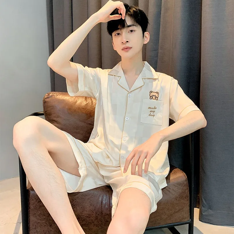 Ice Silk Pajamas Suit Men's New Summer Short Sleeve Shorts High End Sleepwear Young Male Thin Loose Oversized Loungewear Set