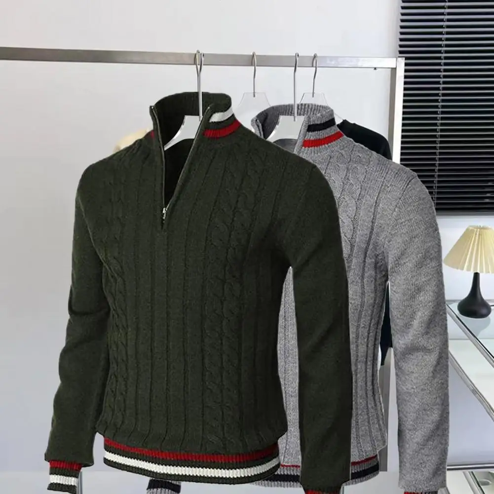 Trendy Men Sweater Turtleneck Cold Resistant Versatile Fashion Splicing Color Twist Pullover Sweater