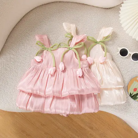 2025 여름 새 아기 소녀 옷 튤립 장식 케이크 계층화 된 부드러운 반짝 이는 패브릭 Romper Onesie 크롤러