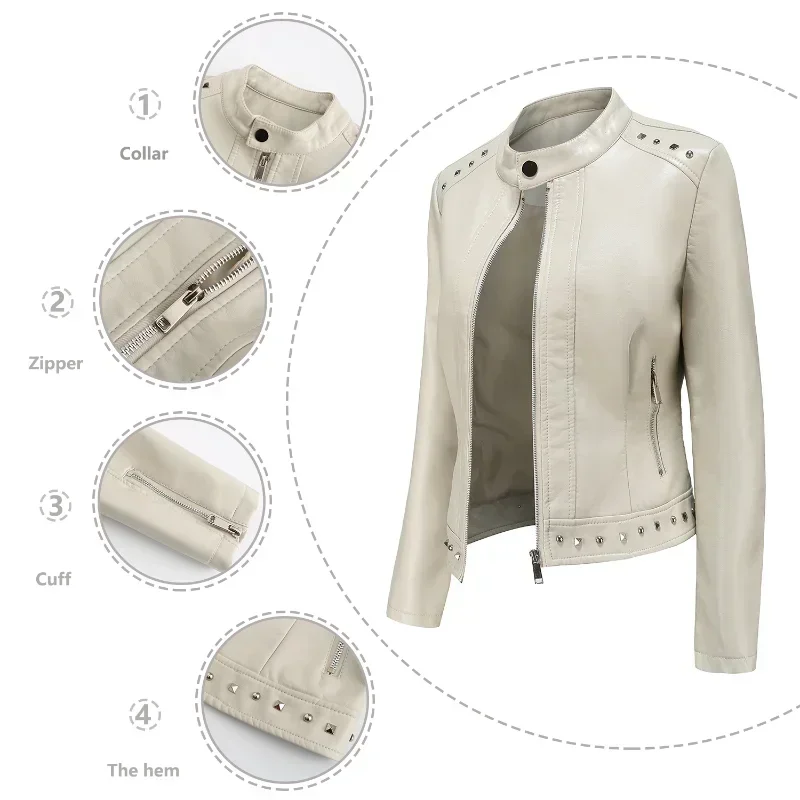 Vestes à manches longues pour femmes, col montant rivet combiné, vêtements d'hiver pour femmes, printemps, automne, cuir PU, motard à moteur, Y-2025 Nouveau