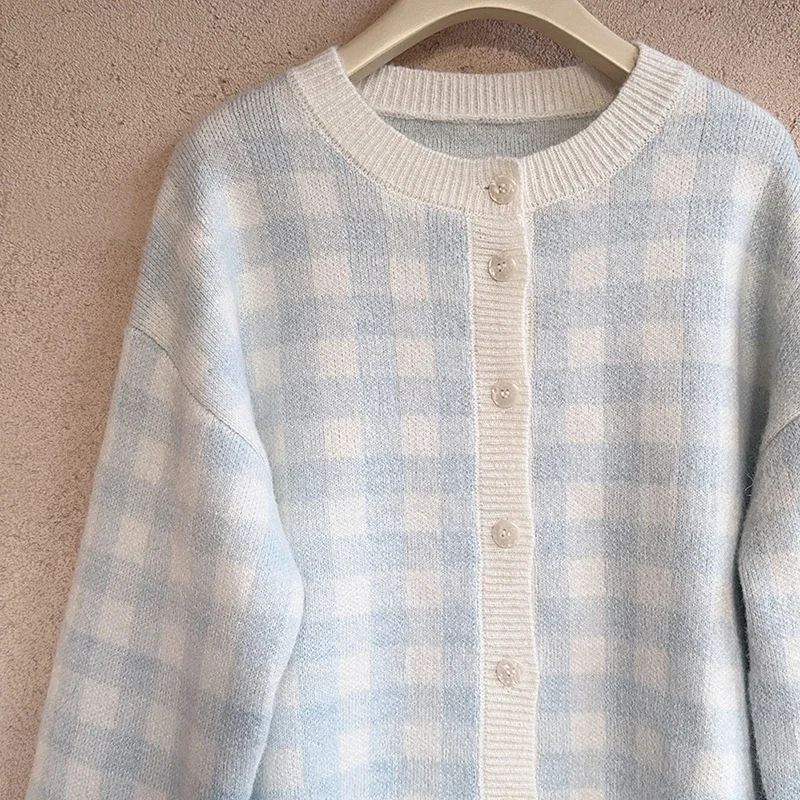 Sweet Knitted Cardigans Women Autumn Winter 2024 Furry and Soft Blue White Checkerboard Plaid Warm Loose Sweaters