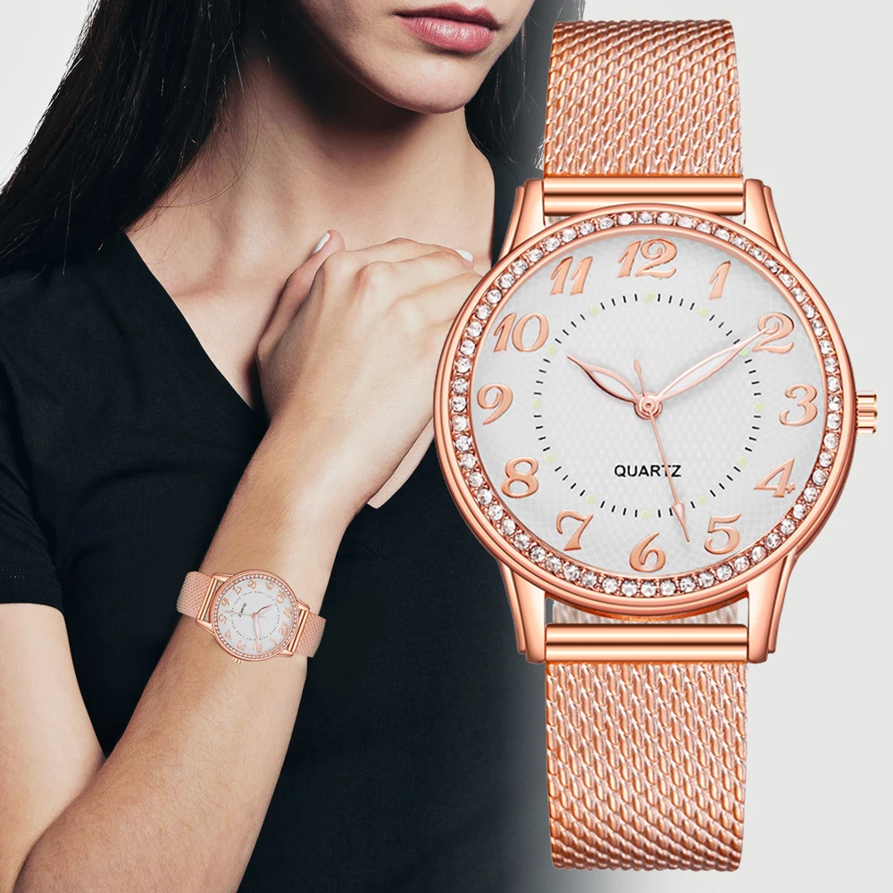 Women Watches Luxury Mesh Band Bracelet Rose Gold Inlaid Crystal Fashion New