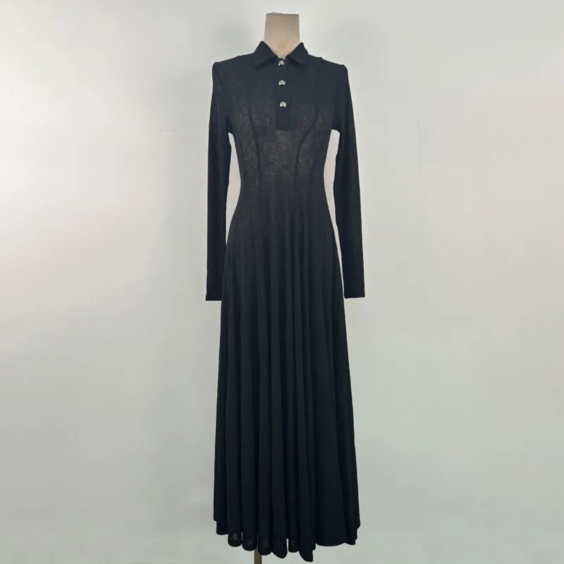 KWTX 2025 Solid Spliced Buttons Fashion Long Dresses for Women Lapel Long Sleeves Tunic Patchwork Folds Dress Female Clothing