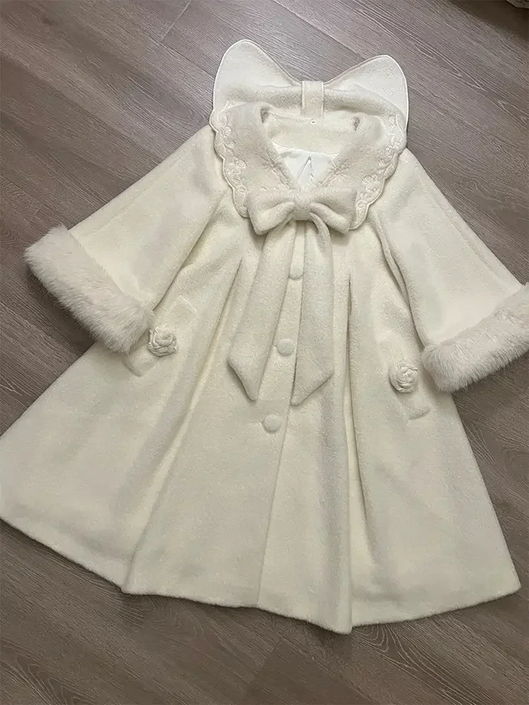 Winter Sweet Kawaii Plush Long Coat Women Japanese Bow Lolita College Style Elegant Warm Overcoat Female Y2k Design Outfits New