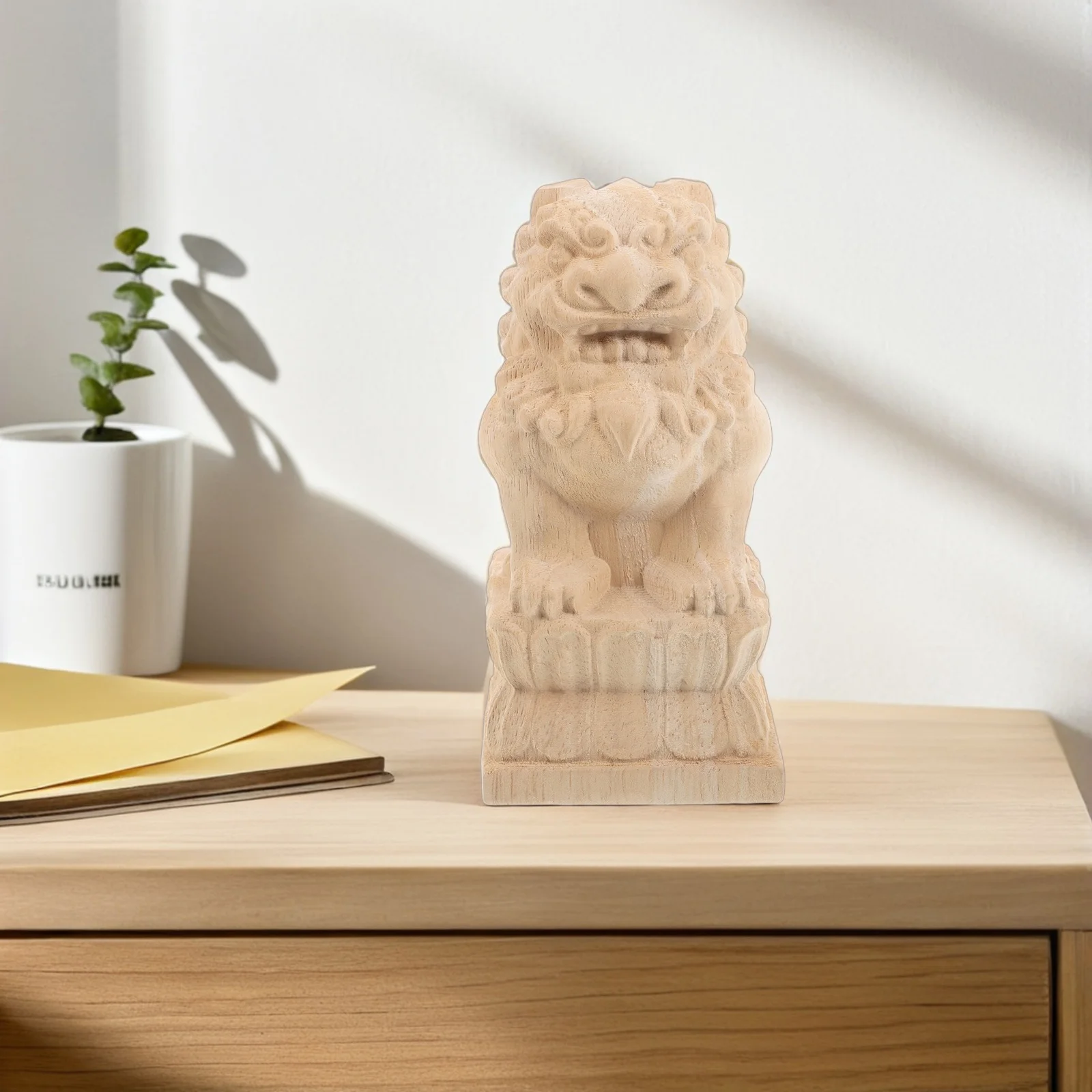 

Lion Post Finials Unfinished Wood Carved Decoration for Artificial Bridge Garden Fencing Top Vintage Style Railing Cap Feng Shui