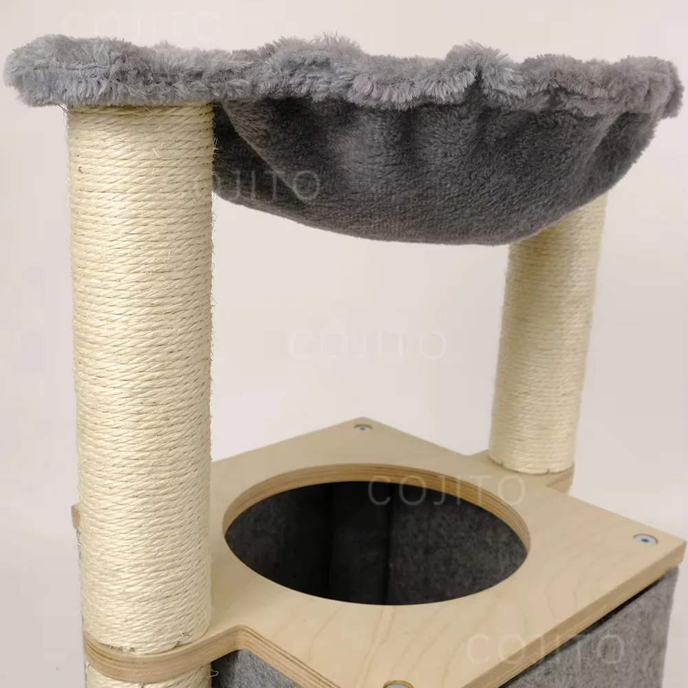 All-In-One Luxury Modern Cat Tree Large Sustainable Wood Sisal Plush Scratcher Nest Hammock Cat Bed Scratching House Cat Playing
