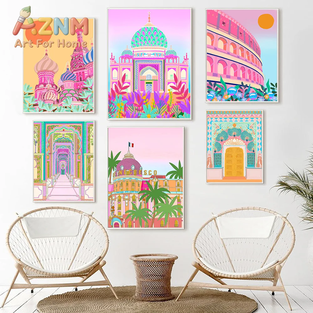 Pink Style Morocco Posters Wall Art Nordic Religion Painting Prints Nice India Taj Mahal Rome Canvas Pictures Living Room Decor
