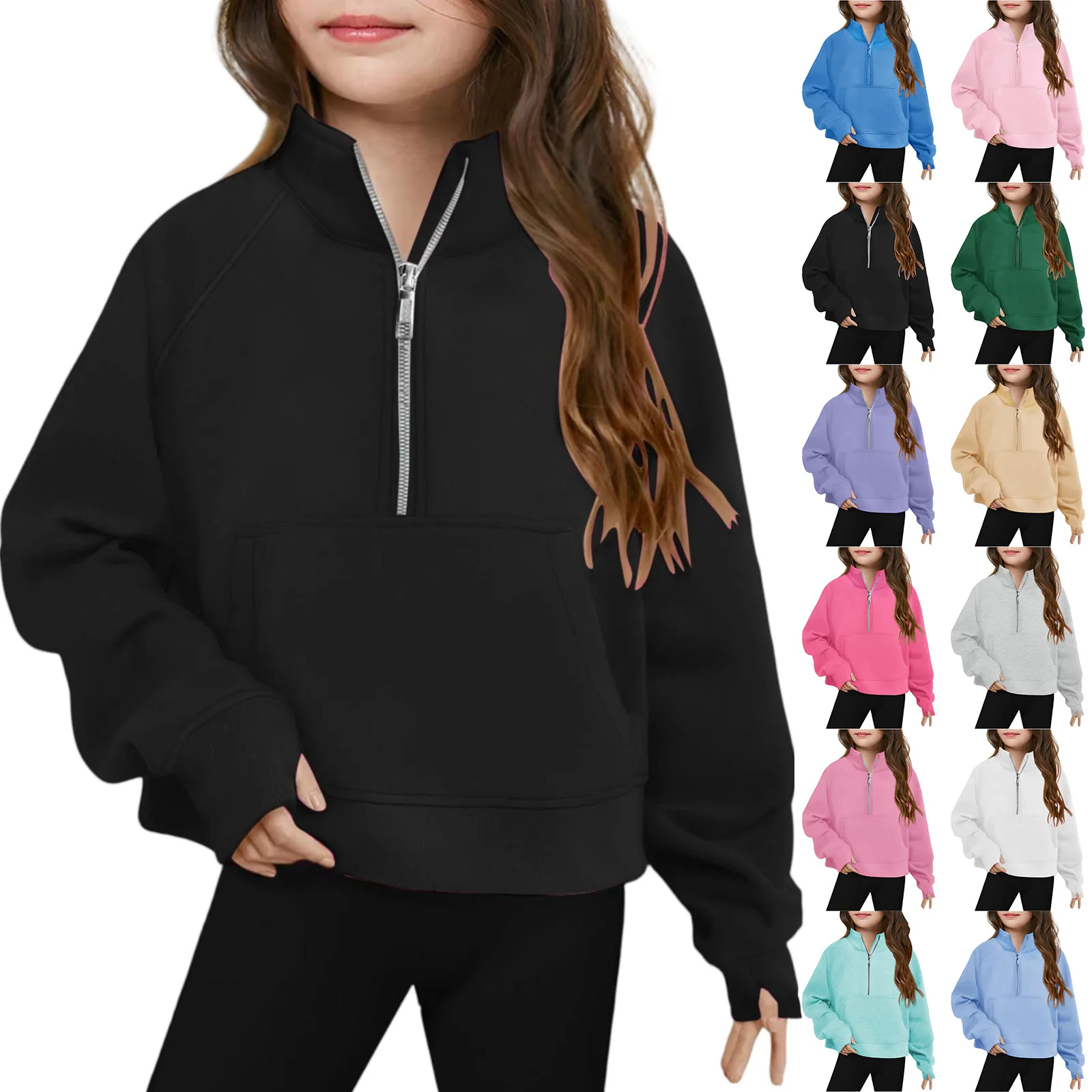 Children's Sweatshirt Fashion Basic Simple Solid Sports Pullovers Causal Stand-Up Collar Half-Zip Long Sleeve Loose-Fitting Tops