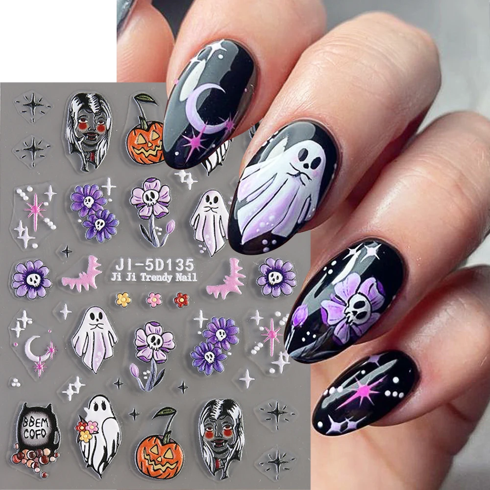 5D Witch Ghost Nail Stickers Cute Halloween Decoration Daisy Skull Sliders Pumpkin Spider Bat Charms Manicure Decals LEBJI-5D131