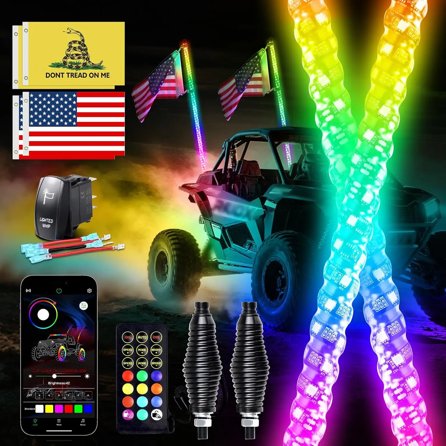 2PCS 3FT LED Whip Lights Chasing Color for UTV ATV